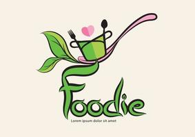 logotipo de tipografia de foodies e design de vetor de conceito orgânico de colher, folha verde, ícone, símbolo