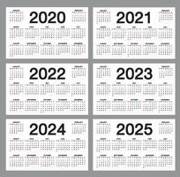 modelo de calendário simples para 2020, 2021, 2022, 2023, 2024, 2025 anos em fundo branco, calendário de mesa, semana começa a partir de domingo, design de organizador de negócios, ilustração vetorial vetor