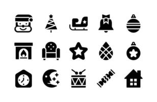 ícones de glifo de natal, incluindo papai noel, árvore, trenó, sino, ornamento, lareira, cadeira, estrela, pinha, ornamento, relógio, lua, baqueta, biscoito, casa vetor