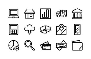 ícones de linha de comércio eletrônico, incluindo laptop, loja, estatística, caminhão, banco, calculadora, nuvem, diagrama, mapa, handphone, relógio, lupa, cartão, dinheiro, carteira vetor