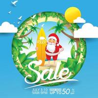 natal em junho, julho, agosto, para cartaz, marketing, publicidade, venda de verão, cartão de felicitações. papai noel no verão com ofertas de desconto de espaço de cópia. vetor