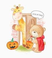 Doces ou travessuras animais na porta na ilustração de fantasia de halloween vetor