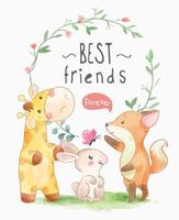 slogan de melhores amigos com animais fofos e ilustração de quadro de círculo de folha
