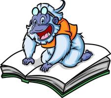 o yeti feliz está voando com o grande livro vetor