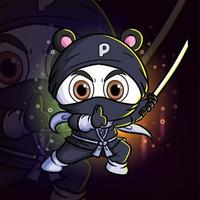 o mouse ninja está em silêncio e segurando o logotipo de design do mascote katana esport vetor