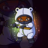 o urso ninja está segurando o logotipo de design de mascote de esport de espada vetor