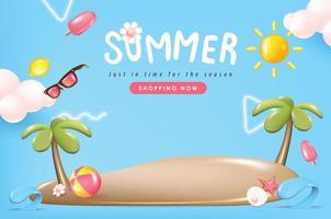 fundo de banner de venda de verão com vibrações de ilha e praia decoram vetor