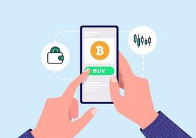 mão comprando criptomoeda bitcoin no aplicativo de celular. vetor