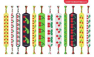 conjunto de pulseiras de amizade artesanal de cereja vermelha de fios ou miçangas. tutorial de padrão normal de macramê. vetor