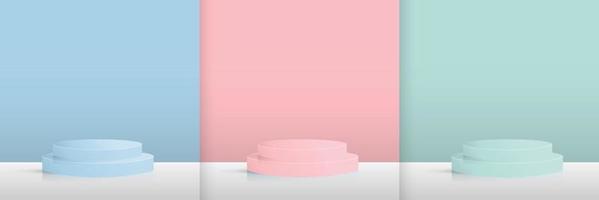 conjunto de exibição de pódio de pedestal de cilindro azul, rosa, verde, fundo de sala vazia. vetor moderno abstrato renderizando forma 3d para apresentação de exibição de produtos. cena de parede mínima pastel, sala de estúdio.