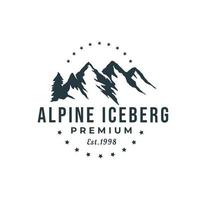 logotipo moderno de floresta e montanhas. logotipo do iceberg alpino com estrelas. silhueta de montanha vetor