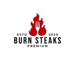 logotipo de restaurante de comida de cozinha de grelha picante quente com garfo de fogo de chama de queimadura vetor