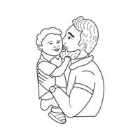 pai e seu filho. papai segura o bebê nos braços e o beija. paternidade no estilo de desenho linear. família feliz. ilustração vetorial monocromática isolada no fundo branco vetor