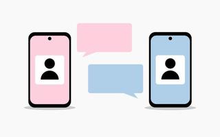 ilustração tela de cor azul e rosa smartphone e ícone de bate-papo de pessoas no meio. ilustração de mensagem de telefone vetor