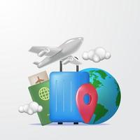 tempo de viagem, conceito de férias de férias com ilustração 3d de avião, mala, mundo globo, passaporte vetor