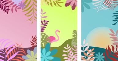 conjunto de desenhos de fundo abstrato de verão para venda, banner, cartaz, cartão postal. flores planas, folhas de palmeira, flamingo. vetor