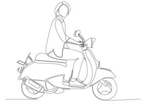 desenho de linha contínua. linda garota em uma scooter. ilustração vetorial vetor
