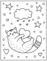 Princute mão desenhada doodle gato com grande coração. dia dos namorados para colorir para crianças e adultos. ilustração vetorial de contorno. vetor