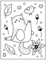 página para colorir com engraçado doodle gato, pássaro e flores. ilustração em vetor contorno. personagem de desenho animado desenhado à mão.
