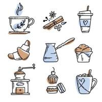 conjunto de café desenhado à mão. ilustração de desenho vetorial conjunto com xícara, cezve, especiarias, moedor de café, croissant e outras sobremesas vetor