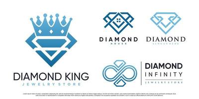 ícone de diamante conjunto design de logotipo com coroa e elemento criativo vetor premium