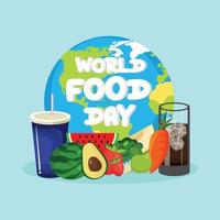design de vetor de fundo do logotipo do dia mundial da comida, ilustração de frutas e alimentos variados, design de cartaz de celebração de refeição