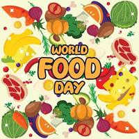 design de vetor de fundo do logotipo do dia mundial da comida, ilustração de frutas e alimentos variados, design de cartaz de celebração de refeição