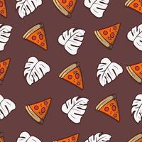 folha tropical e vetor de fundo de pizza, padrão perfeito com elementos de estilo memphis