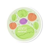 etiqueta de etiqueta de bolha com conjunto de legumes doodle. 100 produtos naturais, 100 orgânicos, alimentos saudáveis. ícones de alimentos orgânicos em vetor.