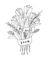 buquê de flores doodle com a inscrição fique bem logo, cartão de felicitações, desejo de saúde. rabiscando flores, mão-desenho, fundo branco. vetor eu