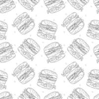 hambúrguer hambúrguer padrões desenho de contorno desenhado à mão branco e preto. ilustração vetorial vetor