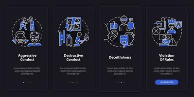 conduta grupos desordem tela de aplicativo móvel de integração do modo noturno. passo a passo 4 passos páginas de instruções gráficas com conceitos lineares. ui, ux, modelo de gui. vetor