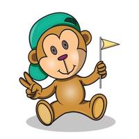 um macaco bonito em um chapéu segurando uma bandeira gesticulando uma mão vetor