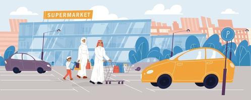 família árabe indo ao supermercado supermercado vetor