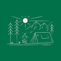 design de paisagem de montanhas e acampamento em arte de linha mono, design de emblema de remendo, design de emblema, design de camiseta vetor