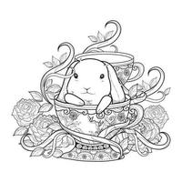 Feliz Páscoa. coelhinha sentada na cesta com ovos. ilustração vetorial preto e branco para livro de colorir vetor