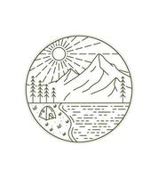 acampar à beira do lago contra o pano de fundo das montanhas em arte de linha mono, ilustração gráfica de pino de remendo de crachá, design de t-shirt de arte vetorial vetor