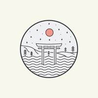 portão de marco do japão em arte de linha mono, ilustração gráfica de pino de remendo de crachá, design de camiseta de arte vetorial vetor