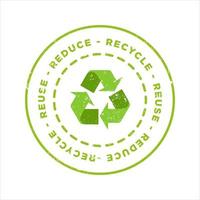 reduzir, reciclar, reutilizar o selo verde grunge. ícone de vetor de modelo de distintivo de borracha retrô de materiais ecologicamente corretos