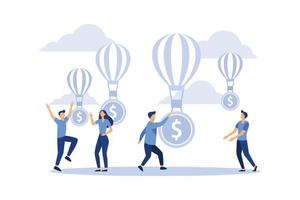 trabalhando juntos em uma empresa, balão decola com dinheiro, frase dinheiro ao vento ilustração vetorial plana vetor