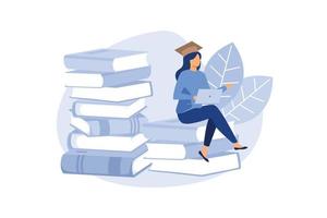uma garota de pós-graduação sentada em livros com laptop cercado por vegetação. design gráfico para cursos de idiomas, educação online. vetor