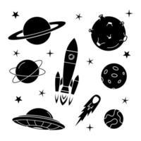 conjunto de espaço de ícone preto. foguete, planetas, lua, cometa, planetas satélites e estrelas. meteorito e nave espacial. vetor