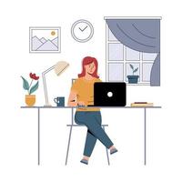 menina com laptop sentado na cadeira. freelance ou estudando conceito. vetor