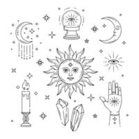 ilustração de contorno mágico celestial de ícones e símbolos do sol, lua, cristais, mau-olhado, mãos de bruxa. vetor