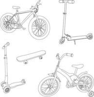 um conjunto de transporte de verão. ilustrações vetoriais de bicicleta, skate, scooter. desenhos de contorno de transporte para atividades ao ar livre. vetor