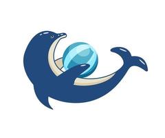 golfinho bonito dos desenhos animados com uma bola no dolphinarium. ilustração vetorial de um animal marinho treinado em um zoológico vetor