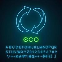 ícone de luz neon de rótulo ecológico. dois sinais de seta arredondada. símbolo de reciclagem. energia alternativa. adesivo de proteção ambiental. sinal brilhante com alfabeto, números e símbolos. ilustração vetorial isolada vetor