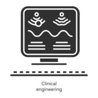 conjunto de ícones de glifo de engenharia clínica. gestão de tecnologia em saúde. equipamento de ultra-som biomédico. exame de computador médico. Bioengenharia. símbolos de silhueta. ilustração vetorial isolada vetor