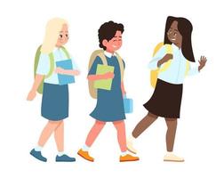 escolares multirraciais dizendo adeus ilustração vetorial plana. feliz cumprimento de colegas multiculturais isolado em personagens de desenhos animados brancos. escolares caucasianos e de pele escura indo para a escola vetor