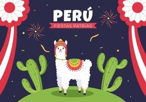 felices fiestas patrias ou ilustração de desenho animado bonito do dia da independência peruana com bandeira para celebração do feriado nacional do peru em 28 de julho em fundo de estilo simples